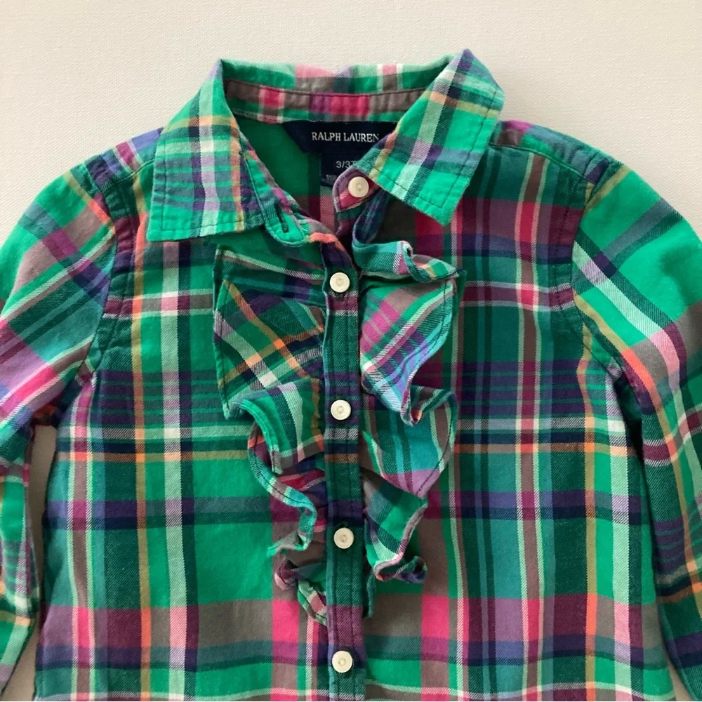 Ralph Lauren 3T Green Pink Plaid Ruffle Shirt